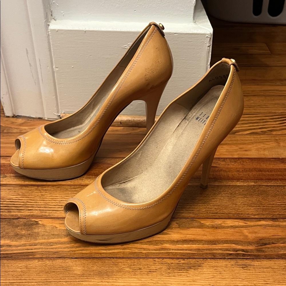 Stuart Weitzman Tan Peep-Toe Heels